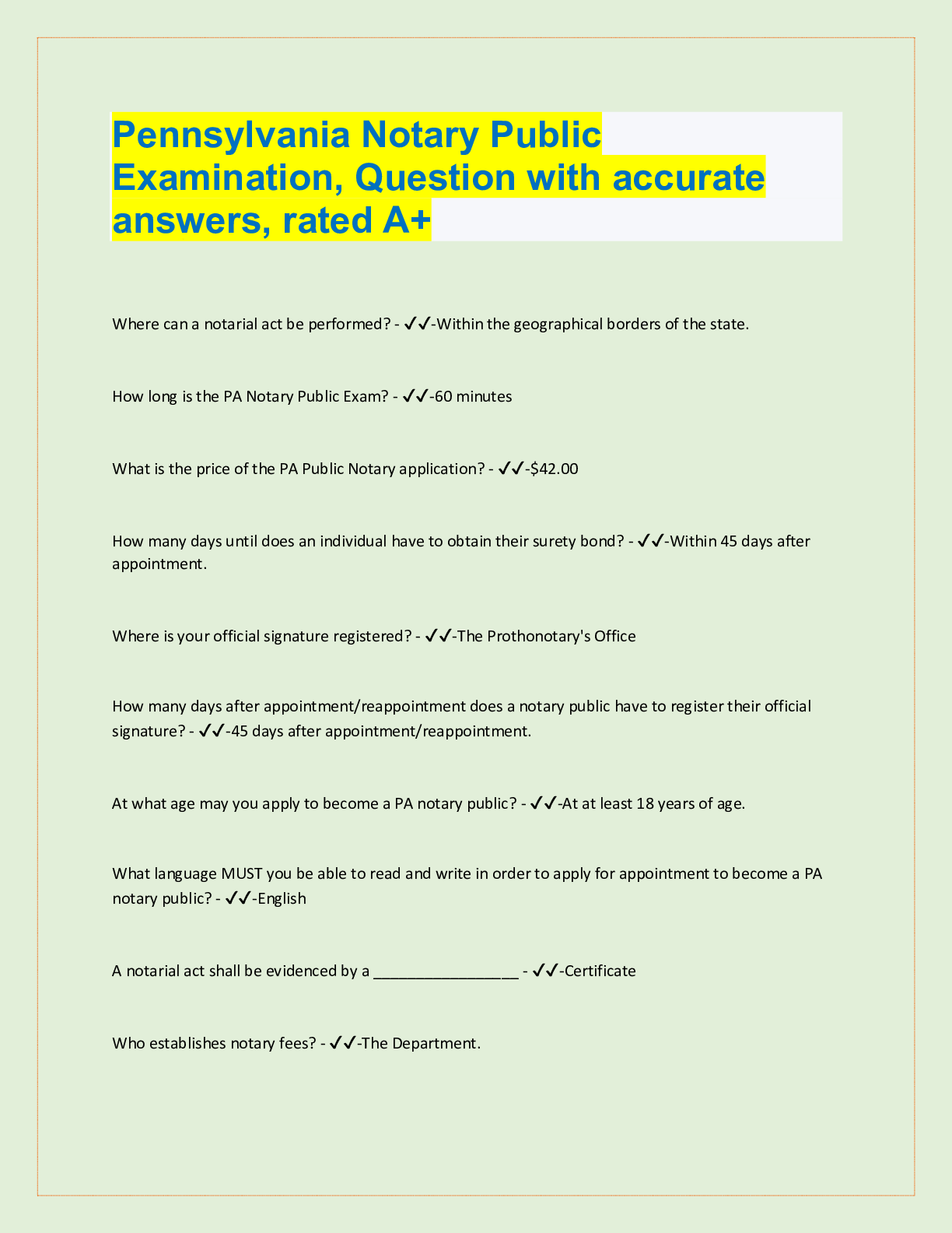Preview image for Pennsylvania Notary Public  Examination, Question with accurate  answers, rated A+